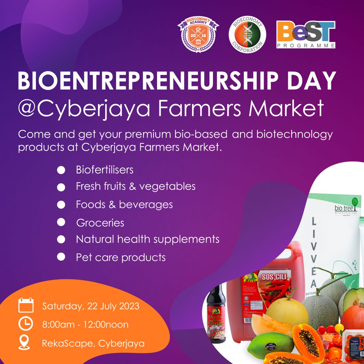 bioeconomycorp's tweet photo. Let's head over to Cyberjaya Farmers Market this Saturday and get your hands on our #BioNexusStatus and #BBA premium products from the BeST 2.0 Host Companies' booths!
The BeST 2.0 candidates will be there too at this event which is a collaboration with @CyberviewMY! https://t.co/M2N73YQY7L