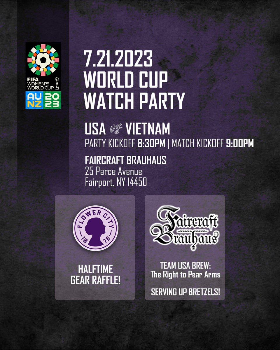 FlowerCity1872's tweet photo. WHO'S COMING TO OUR WORLD CUP WATCH PARTY TOMORROW?! 🏆

➡️ We have partnered with @CraftBrauhaus this Friday night!

We'll be drawing a halftime raffle!
Faircraft will be brewing up The Right to Pear Arms and serving up their famous bretzels!

GO USA!  🇺🇸
GO FLOWER CITY 1872! 🌸 https://t.co/t0349cpGxp