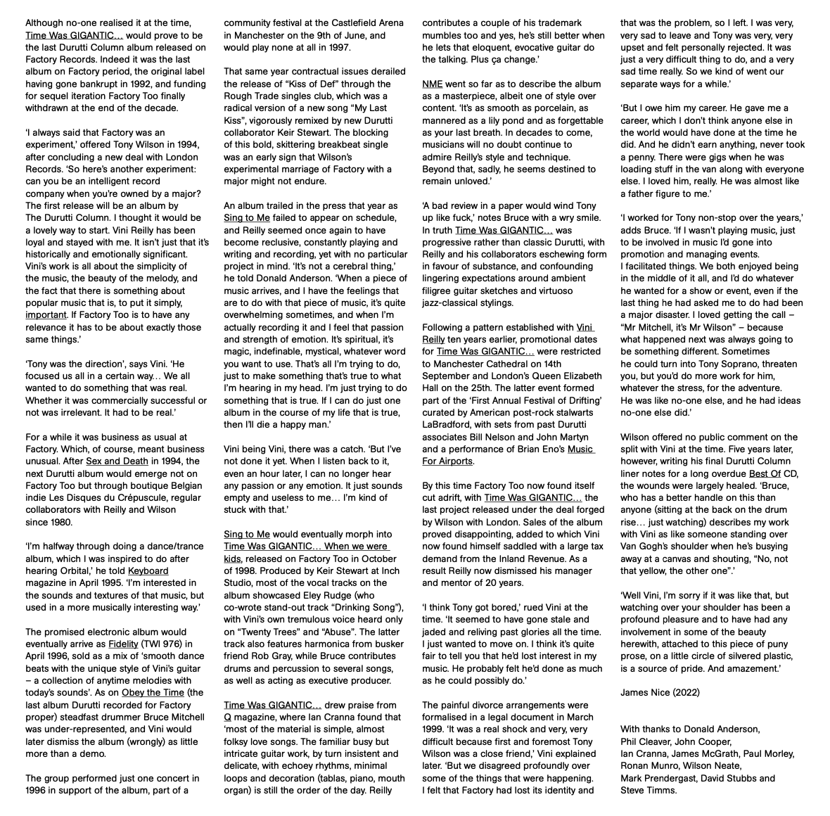 The reissue of 'Time Was GIGANTIC… When we were kids' features brand new and extensive liner notes by Factory Records and band expert James Nice. Get your copy here: thedurutticolumn.lnk.to/GIGANTIC25 #durutticolumn #vinireilly #linernotes