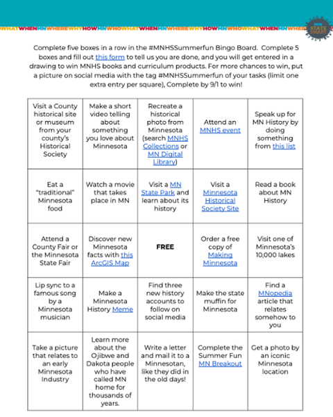 HistoryEdMNHS's tweet photo. How are your bingo boards coming along teachers? Be sure to tag us in pictures of you completing a box for extra chances to win MNHS books and curriculum! #MNHSsummerfun https://t.co/YtZDezV4VE