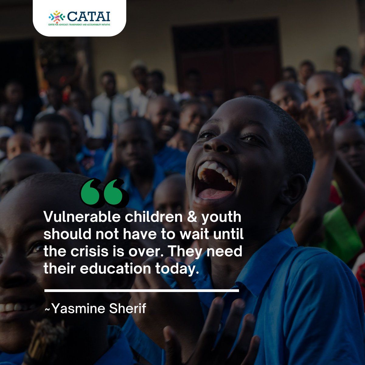 CENTER_CATAI (@cataicenter) on Twitter photo “Vulnerable children & youth should not have to wait until the crisis is over. They need their education today.”
~<a href="/YasmineSherif1/">Yasmine Sherif</a>, <a href="/EduCannotWait/">Education Cannot Wait</a> Executive Director “Vulnerable children & youth should not have to wait until the crisis is over. They need their education today.”
~<a href="/YasmineSherif1/">Yasmine Sherif</a>, <a href="/EduCannotWait/">Education Cannot Wait</a> Executive Director
