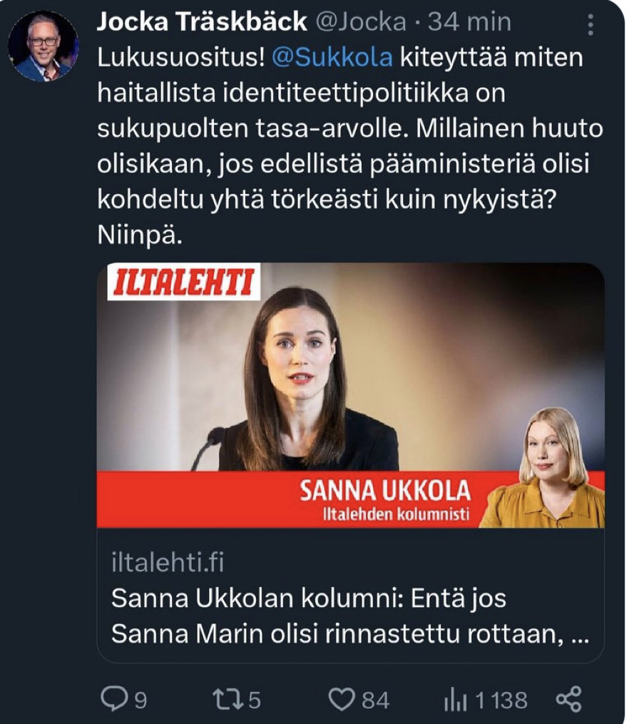 tempusultima's tweet photo. Orpo on ollut hetken pääministerinä, mutta Jocka Trashbäckin mielestä Orpoa on kohdeltu kaltoin ja Sanna Marinia silkkihansikkain. Mitähän tuo Jocka vetää?? Kun on noin sekaisin. #kokoomus #sekoomus #jocka #äärioikeisto #marin https://t.co/1n1OoYkeET