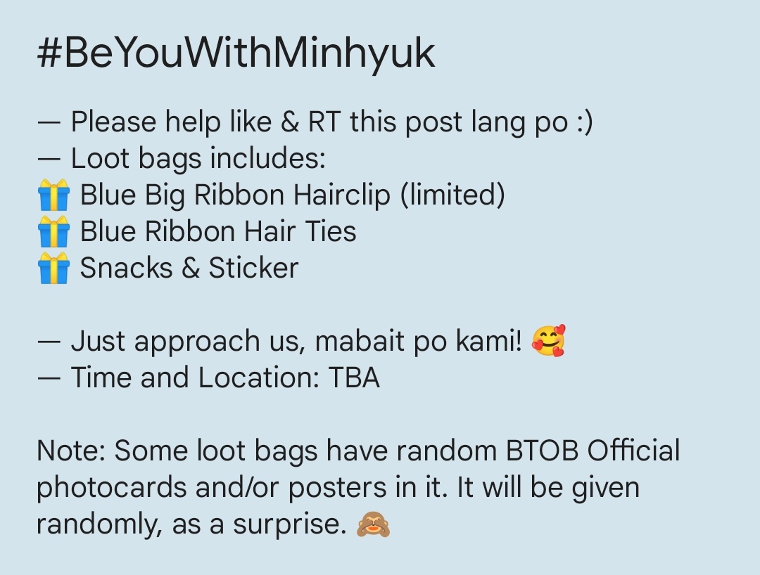 yookjamal_'s tweet photo. #BeYouwithMinhyuk 
fan support by: @.redhutasquirrel &amp; I

Hi, Melody! We will be giving away some loot bags with random inclusions in it. This is so biglaan but I hope it will be to your liking! 🥺🫶🏻

Updates will be posted as well! 

See you on D-Day! #MeloAginaldo https://t.co/xFEeCUKwlk