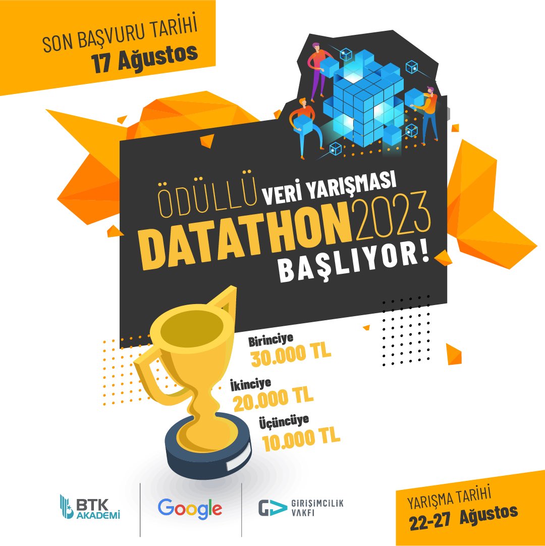 BTKAkademi's tweet photo. BTK Akademi  & @googleturkiye ve @girvak iş birliği ile hazırlanan;

ÖDÜLLÜ VERİ YARIŞMASI DATATHON 2023 BAŞLIYOR!👋🏻

Bilgi teknolojileri ve veri analitiği alanında yetenekli misiniz? 🤩

O zaman sizleri heyecan verici #Datathon2023 yarışmamıza davet ediyoruz!

Veri analitiği becerilerinizi geliştirmek, yeni fikirler keşfetmek ve veri odaklı çözümler sunmak amacıyla hazırladığımız DATATHON 2023’ e ister ekibinle, ister bireysel olarak katılabilirsin.👨🏻‍💻👩‍💻

🏆Birinciye 30.000₺

🏆İkinciye   20.000₺

🏆Üçüncüye 10.000₺

Bu heyecan verici yolculuğa katılmanızı sabırsızlıkla bekliyoruz!

Son başvuru: 17 Ağustos❗️
Başvuru ve detay: https://t.co/4KcM4CdZAI

#Datathon #Datathon2023 #VeriAnalizi #VeriBilimi #Yarışma #btkakademi