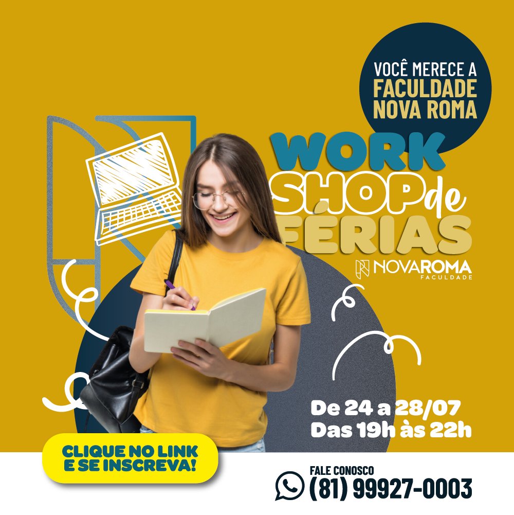 A Faculdade está com inscrições abertas até dia 28 para uma série de Workshops. Informe-se em:
conteudo.novaroma.edu.br/workshop

#FaculdadeNovaRoma #FNR #NovaRomaRecife #Recife #NovaRomaCaruaru #Caruaru #Workshop #Férias #CursoDeFérias #Direito #Psicologia #TI #Tecnologia #Tech