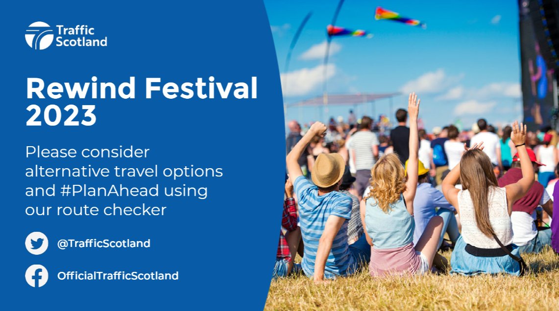 Traffic Scotland (@trafficscotland) on Twitter photo Time to pop your legwarmers on and take a trip back to the 80's🎶🎉
Rewind Festival takes place this weekend!
We expect traffic to be heavier than normal on the #M90, #A90, #A85 and the #A9
More info here: bit.ly/44T6Got
<a href="/rewindfestival/">Rewind Festival</a> Time to pop your legwarmers on and take a trip back to the 80's🎶🎉
Rewind Festival takes place this weekend!
We expect traffic to be heavier than normal on the #M90, #A90, #A85 and the #A9
More info here: bit.ly/44T6Got
<a href="/rewindfestival/">Rewind Festival</a>