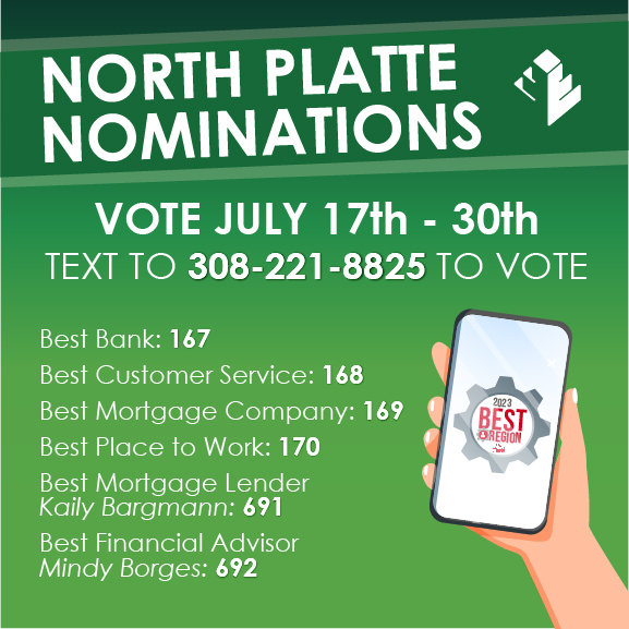 BankEquitable's tweet photo. Text to vote daily for our North Platte branch for Best of the Region. We are excited to be nominated in 6 categories this year and would be honored to receive your vote! A big thank you to all our loyal customers, we love to serve you. #bestoftheregion #equitablebank https://t.co/T0VFwZdtsD