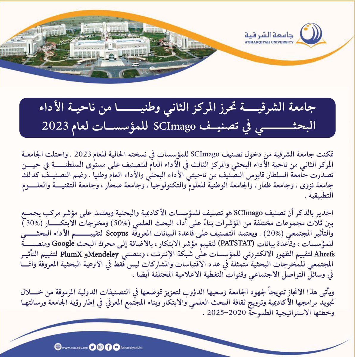 #جامعة_الشرقية تحرز المركز الثاني وطنيًا من ناحية الأداء البحثي في تصنيف #SCImago للمؤسسات لعام 2023. 

التفاصيل في المنشور | ✨

#StudyAtASU
#ASU
#oman
#university