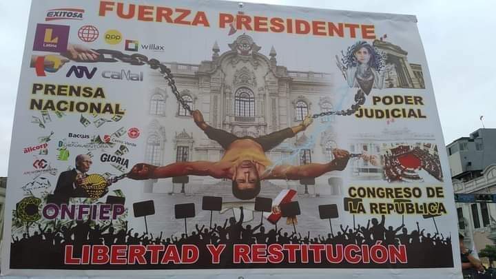 RadioPopularPe's tweet photo. Creatividad popular: @PedroCastilloTe desmembrado como Tupac Amaru. Identificados cada uno de los responsables: Lawfare Judicial, prensa basura, confiep (mineras, club de la construcción, manipuladores del dolar) y congreso golpista. #PERU https://t.co/aPsxQ9WsRw