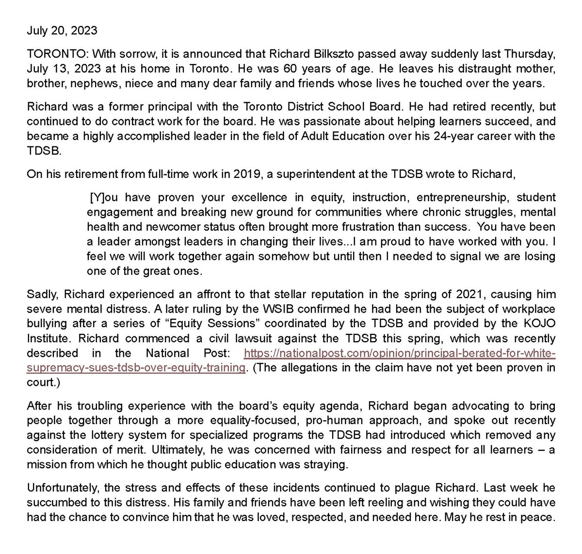 With his family's permission, I am very saddened to release this statement about the passing of my client, Richard Bilkszto.