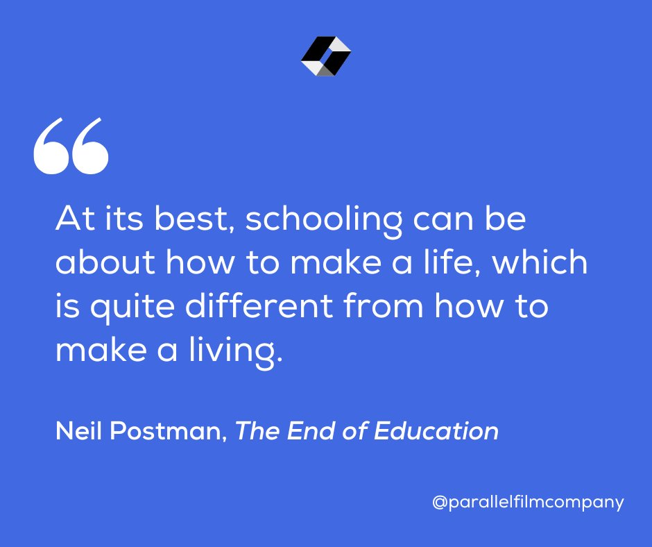 filmsbyparallel's tweet photo. Neil Postman’s critique on American schools begs an important question – what’s the ultimate purpose of education? 

For Postman, it’s about learning how to live – rather than "making a living" and equipping students for economic productivity. What do you think is more important? https://t.co/twV6xbcIJF