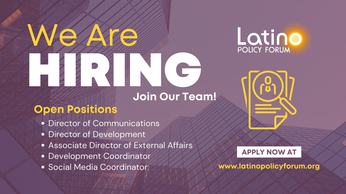 Through advocacy and analysis, the Forum builds a foundation for equity, justice and economic prosperity for the Latino community. Interested in joining our team? Check out our website for more information on our current employment opportunities.
latinopolicyforum.org/about/employme…