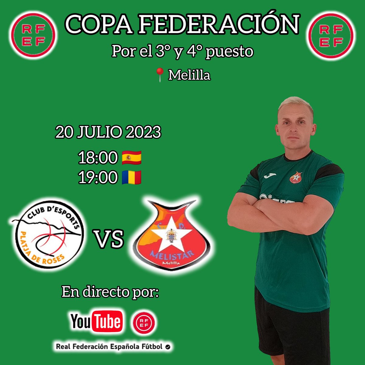 andreipaul_13's tweet photo. 🇪🇦 COPA FEDERACIÓN 🇪🇦
POR EL 3° Y 4° PUESTO 
📅 20 JULIO 2023
📌 Roses platja vs CD MELISTAR MELILLA FP 
⏰🇪🇦 18:00
⏰🇷🇴 19:00
🎦Directo:
https://t.co/VNKs0kDwUz

#ap13 #cdmelistarmelillafp #melistar #melilla #beachsoccer #copafederacion #copadeespaña #wearebeachsoccer https://t.co/M84zy7xUUu