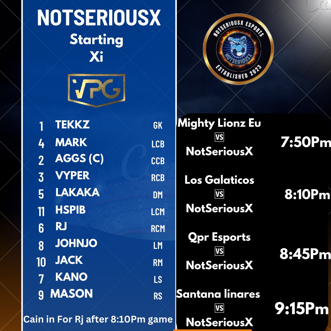 NotSeriousX (@notseriousx_) on Twitter photo ⚫️Matchday🔵
BRFC Midweek
🆚Mighty Lions
🕛7:40pm (UK)
🏴 Prem
🆚<a href="/LosGala_/">Los Galácticos</a>
🕛8:10pm (UK)
🇪🇺Premier A
🆚<a href="/QPReSports/">QPR eSports</a>
🕛8:45pm (UK)
🇪🇺Premier A
🆚Santana Linares
🕛9:15pm (UK)
Tune in the stream 😎 twitch.tv/videos/1875335… ⚫️Matchday🔵
BRFC Midweek
🆚Mighty Lions
🕛7:40pm (UK)
🏴 Prem
🆚<a href="/LosGala_/">Los Galácticos</a>
🕛8:10pm (UK)
🇪🇺Premier A
🆚<a href="/QPReSports/">QPR eSports</a>
🕛8:45pm (UK)
🇪🇺Premier A
🆚Santana Linares
🕛9:15pm (UK)
Tune in the stream 😎 twitch.tv/videos/1875335…