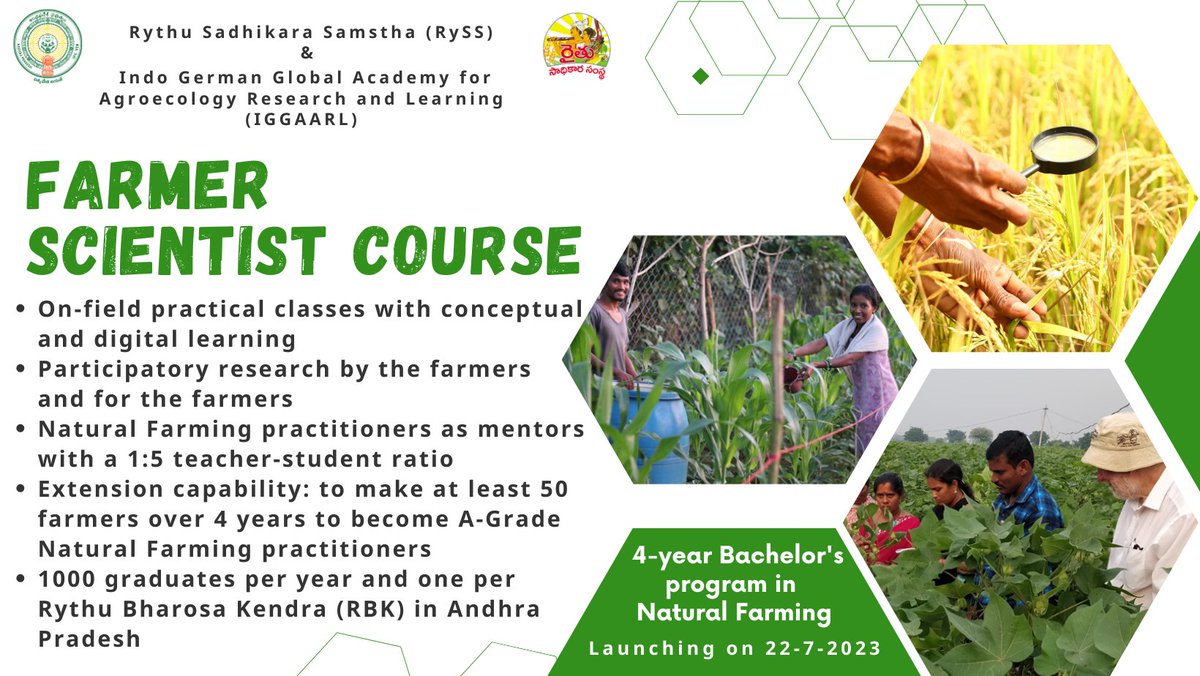 Exciting News!
Introducing #FarmerScientistCourse (FSC) - by
RySS - IGGAARL
On July 22, 2023, we're launching FSC - a game-changing 4-year degree program for NF farmers! 🌱 Embrace #NaturalFarming &amp; elevate your skills with technical, #research &amp; experiential #knowledge!
