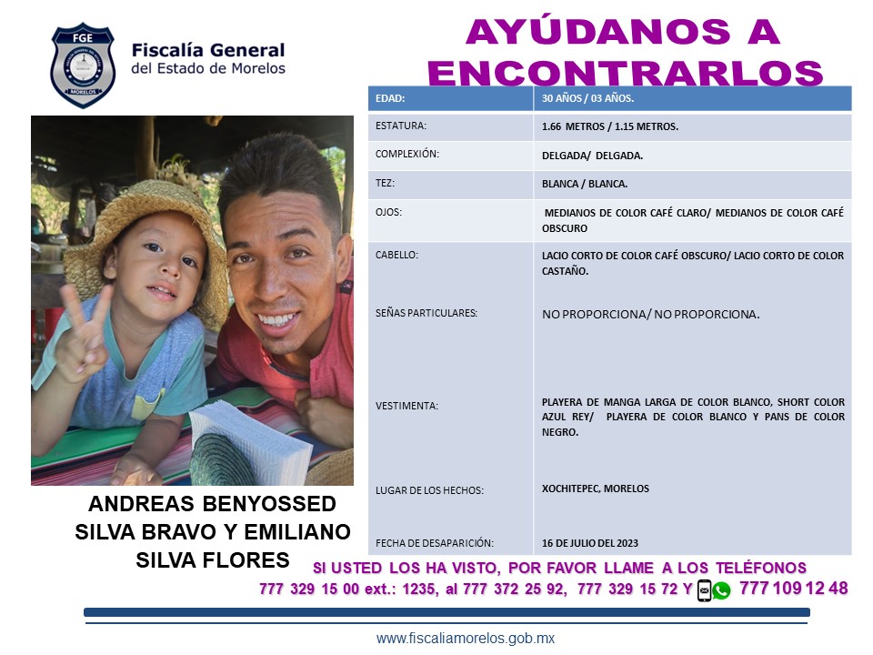 Fiscalia_Mor's tweet photo. Solicitamos de su colaboración para localizar a ANDREAS BENYOSSED SILVA BRAVO y EMILIANO SILVA FLORES, de 30 años y 03 años de edad. #Xochitepec  #Morelos https://t.co/DpChX4RZZM