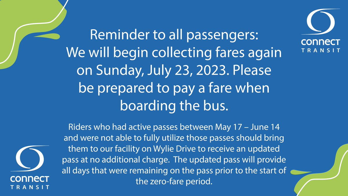 We will begin collecting fares again on Sunday, July 23, 2023. If you had an active pass during the time we were not collecting fares, please visit our facility at 351 Wylie Drive to receive an updated pass. If you have any questions, please feel free to call us at 309-828-9833.