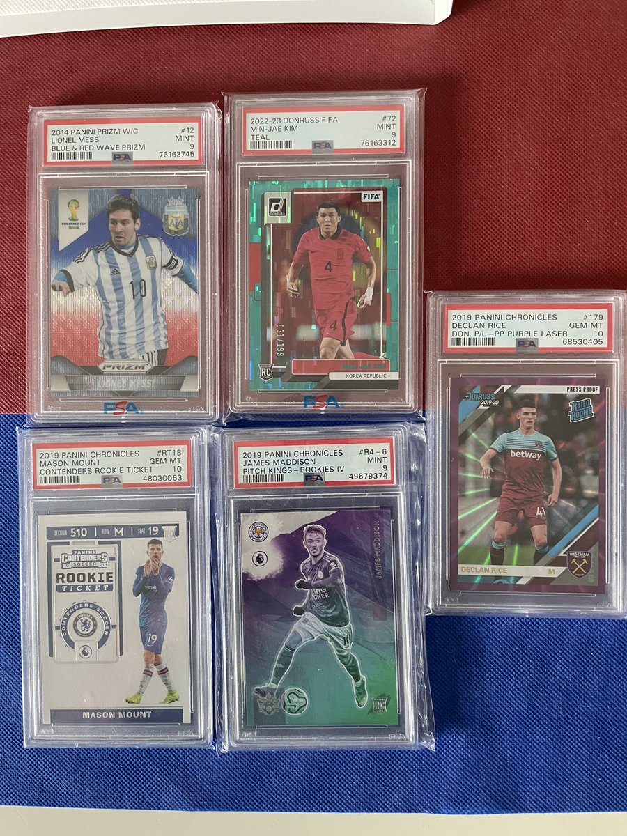 CardsGator's tweet photo. PSA stars w new teams. Messi 225, Kim 50, Mount 50, Maddison 100, Rice 100 https://t.co/3MBSiZhBW6