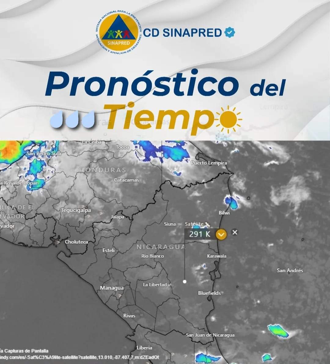 Este jueves 20 de julio, bajas presiones atmosféricas predominan en Nicaragua, se esperan temperaturas de 27 a 34 en el Pacífico, de 26 a 34 en la zona Norte y Central y de 28 a 30 grados en las Regiones Autónomas de la Costa Caribe. 👩‍🚒👨‍🚒🌧☔️

#juntosprocurandomayorseguridad