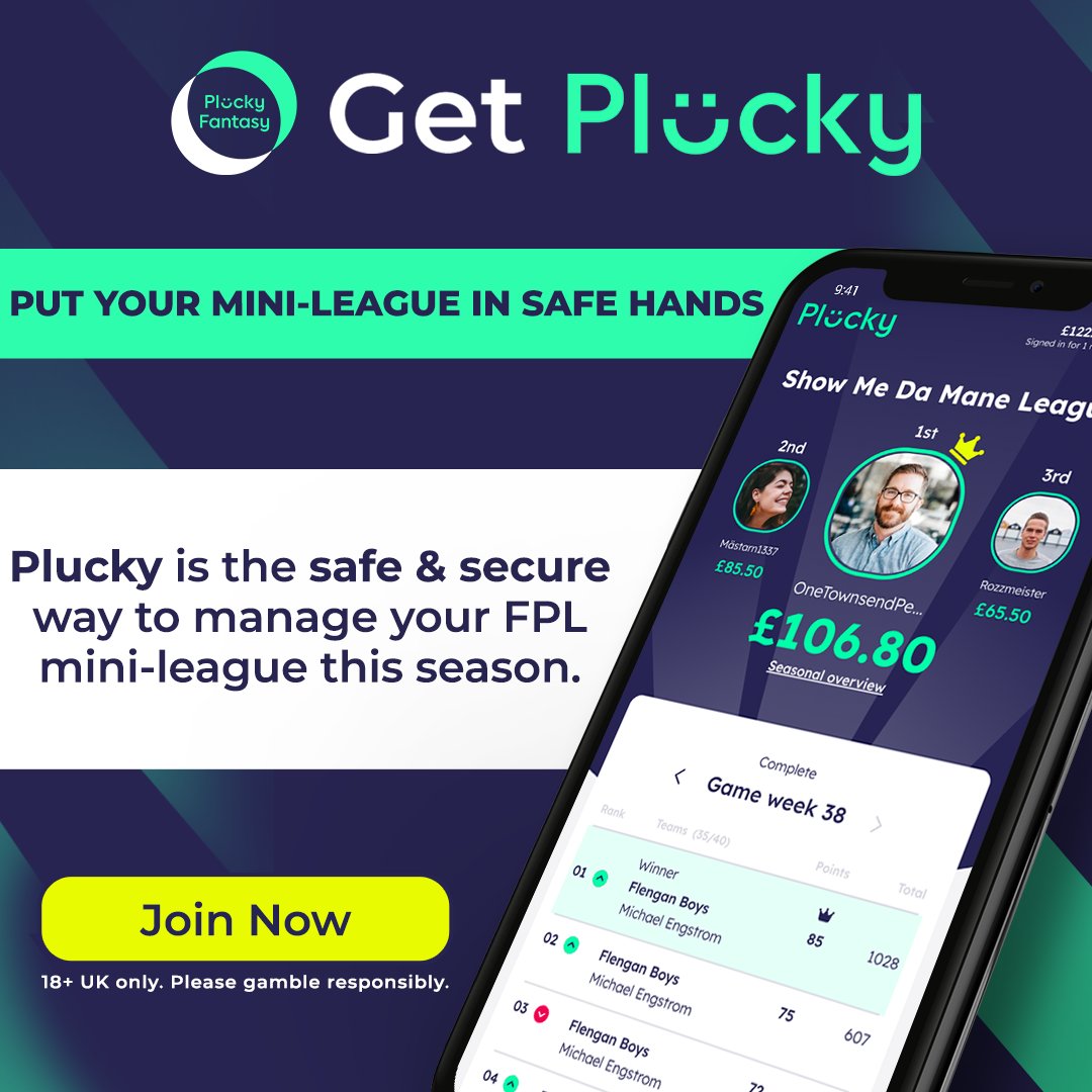 ❤️ <a href="/ff_fest/">Fantasy Football Fest </a> 🤝 @PluckyFantasy 

✅ We are delighted to announce our first sponsor for Fantasy Football Fest 2023.

⭐️ WIN YOUR MATES MONEY SAFELY!
👍 JUST WHAT MINI-LEAGUES HAVE NEEDED

⤵️ SIGN UP NOW
➡️ plucky.com/fpl