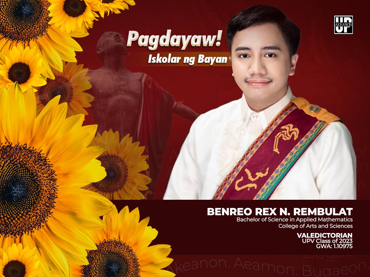 UPAkeanon's tweet photo. Pagdayaw, Kasimanwa!❤️💚

UP Akeanon congratulates our fellow kasimanwa and currently our UPAk 4th Year Representative, BENREO REX N. REMBULAT of Bachelor of Science in Applied Mathematics, College of Arts and Sciences for graduating as class VALEDICTORIAN of UPV Batch 2023. https://t.co/oRsw5yUxyJ