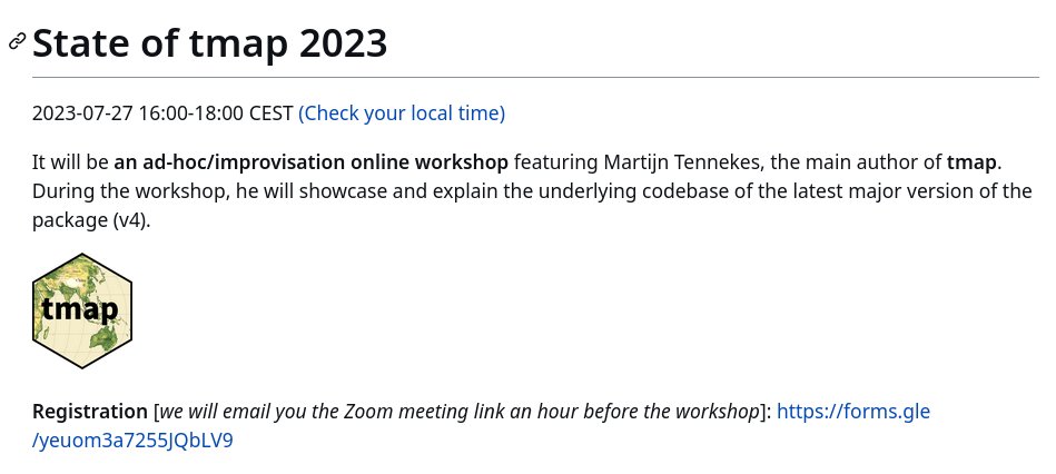 Join the "State of tmap 2023" workshop with Martijn Tennekes! 🗺️ 

Discover the latest major version (v4) and explore the codebase.

July 27, 16:00-18:00 CEST (check your local time at buff.ly/3K6OoIB)

Register now: buff.ly/46QwOSR

#rstats #rspatial #maps
