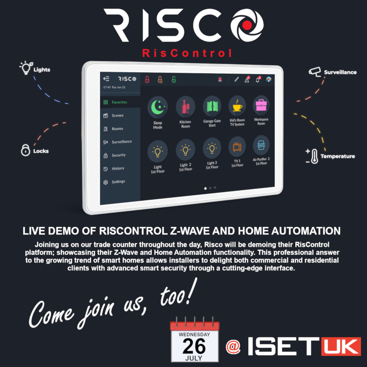 ISET_UKFSD's tweet photo. DON'T FORGET...
#RISCO will be on our Trade Counter between 10AM-3PM on Wednesday July 26th demoing their RisControl platform! 
Stop on by to see how their Z-Wave and Home Automation functionality can add real value to your customers lives 👌 https://t.co/m1aYreykCQ