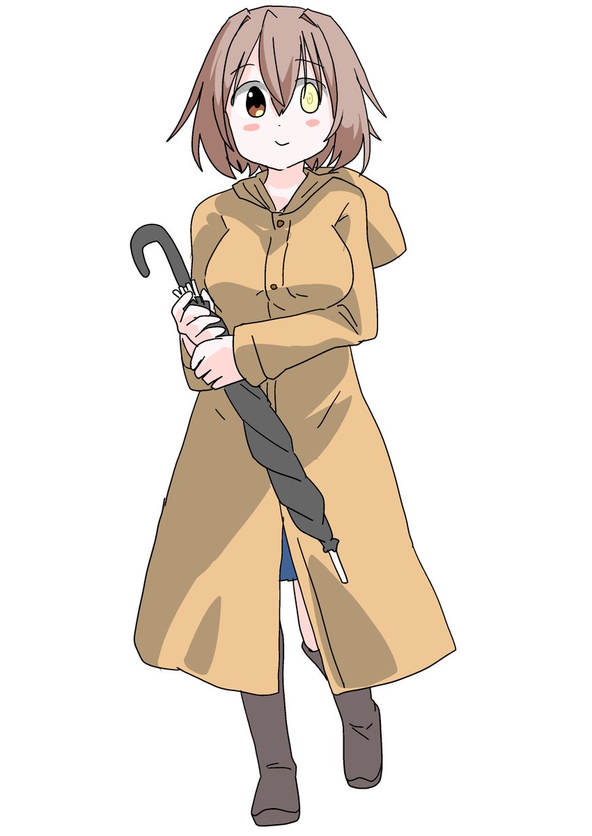 furutaka (kancolle) 1girl solo raincoat umbrella heterochromia brown hair white background  illustration images