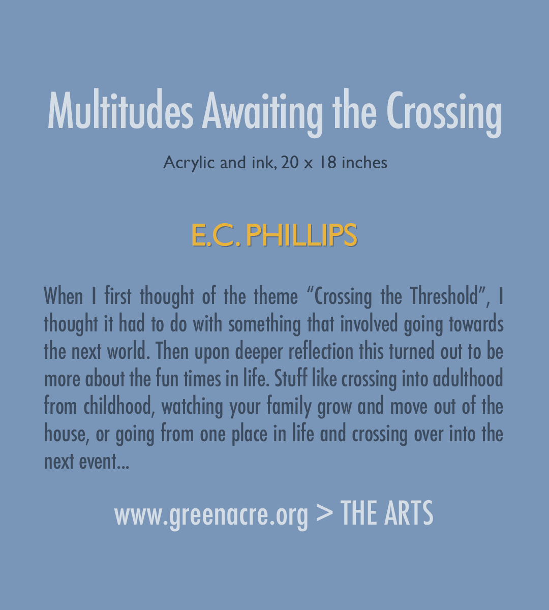 GreenAcreBahai's tweet photo. “Multitudes Awaiting the Crossing” by #ECPhillips from #CrossingtheThreshold Acrylic and ink, 20 x 18 inches.
https://t.co/zgVeHF4AYw
#Adulthood #Childhood #Reflections #Bahaullah #BlackPit #Tihran #MaidofHeaven #DivineLight #GreenAcre #Bahai #CenterofLearning #ArtShow https://t.co/MjTIkyzsFV