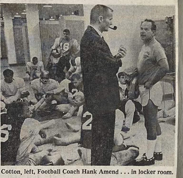 Aug. 27, 1967 article from the Omaha World Herald!  Burke was Omaha's first new public high school since 1926! Wow! so much has changed since then! 🖤💛
Pictured here are cheerleaders, AD Cotton, Coach Amend, Principal Robert Brown, the football team and locker room &amp; pool.