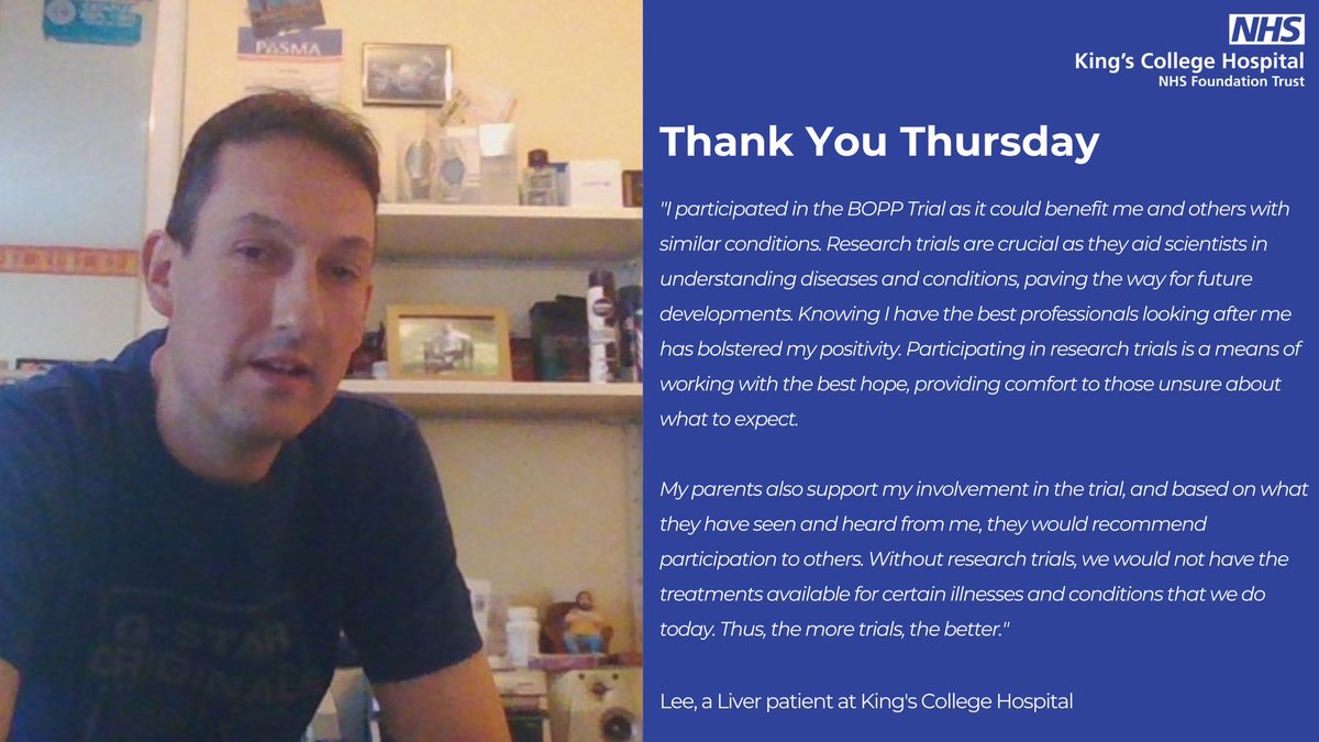King's College Hospital Research (@kch_research) on Twitter photo For #ThankYouThursday, we spoke with one of our amazing patients Lee, who participated in the <a href="/BoppPtrial/">BOPPP Trial</a> run by our liver research team.
Lee said: "The more trials, the better".
Read⬇️
#bepartofresearch For #ThankYouThursday, we spoke with one of our amazing patients Lee, who participated in the <a href="/BoppPtrial/">BOPPP Trial</a> run by our liver research team.
Lee said: "The more trials, the better".
Read⬇️
#bepartofresearch