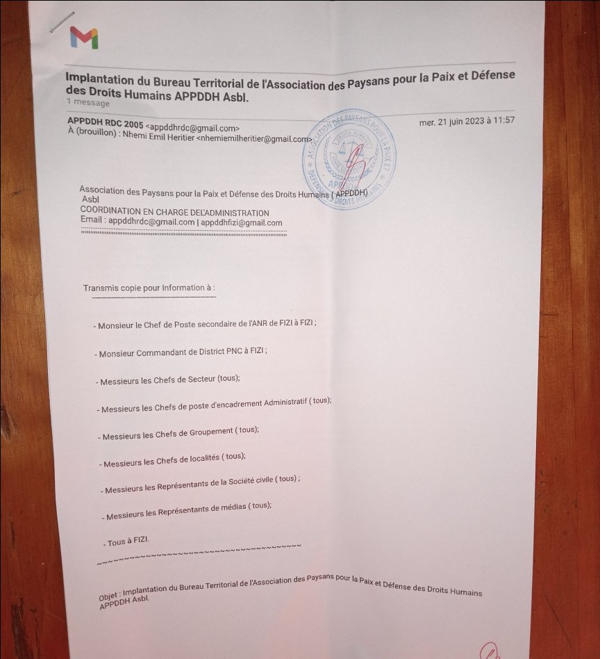 SamuelNgussu's tweet photo. Bonjour à tous et à toutes juste pour vous informer l'Implantation du Bureau Territoriale del'Association des Paysans pour la Paix et Défense des Droits Humains "APPDDH" Asbl COORDINATION FIZI-KABAMBARE https://t.co/d5Q0rAVeJz