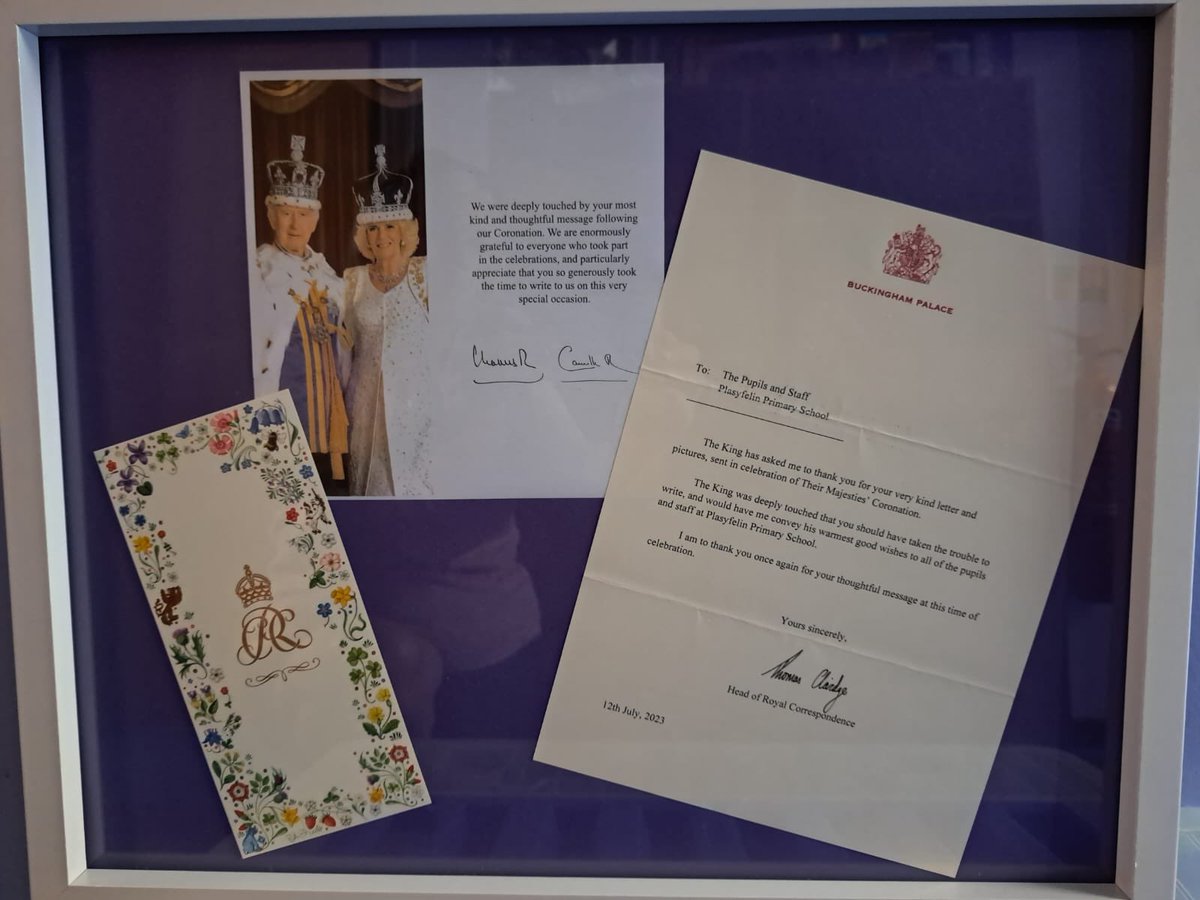 Plasyfelin's tweet image. We were so delighted to receive a letter from the King this week!!! It’s framed and up on the wall already 👑#kingscoronation @RoyalFamily @EAS_LLCEnglish @CaerphillyCBC @WG_Education