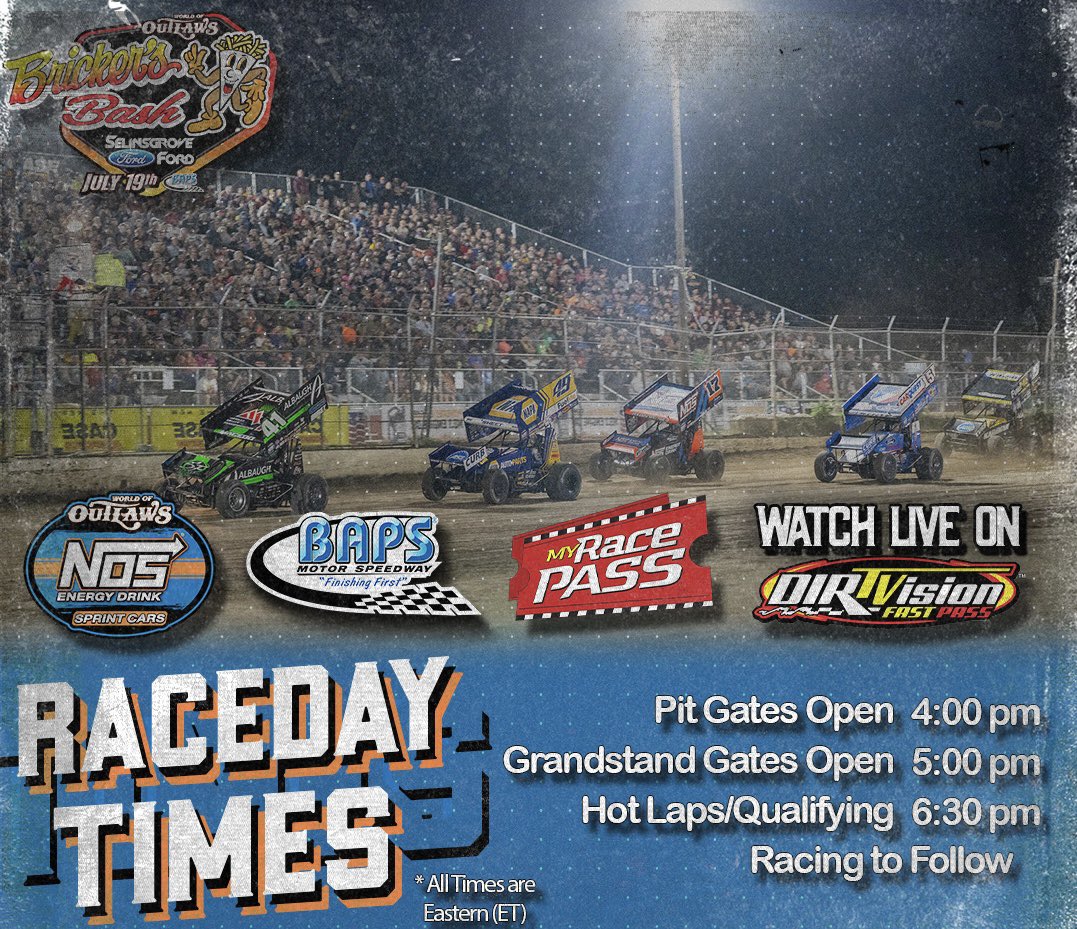 World of Outlaws (@worldofoutlaws) on Twitter photo Take two ๐ฌ
After rain dampened last night, the World of Outlaws <a href="/NosEnergyDrink/">NOS Energy Drink</a> Sprint Cars return to <a href="/bapsrace/">BAPS Motor Speedway</a> today for the Brickerโs Bash!
๐บ Watch Live: @DIRTVision
โฑ๏ธ Timing & Results: <a href="/MyRacePass/">MyRacePass</a> Take two ๐ฌ
After rain dampened last night, the World of Outlaws <a href="/NosEnergyDrink/">NOS Energy Drink</a> Sprint Cars return to <a href="/bapsrace/">BAPS Motor Speedway</a> today for the Brickerโs Bash!
๐บ Watch Live: @DIRTVision
โฑ๏ธ Timing & Results: <a href="/MyRacePass/">MyRacePass</a>