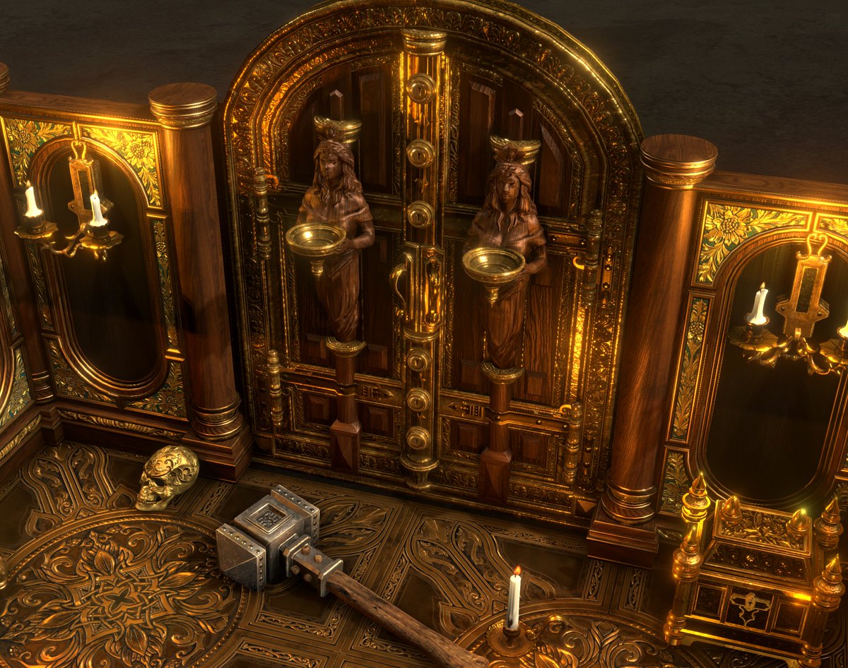 "When it comes to splurging on interior decorating, doors like these are really a gateway..." 🙂 ✨

The Treasury – Gilded Doors, by the extraordinary <a href="/AikoNabarro/">Aiko </a> 

#indiegamedev #ttrpg
