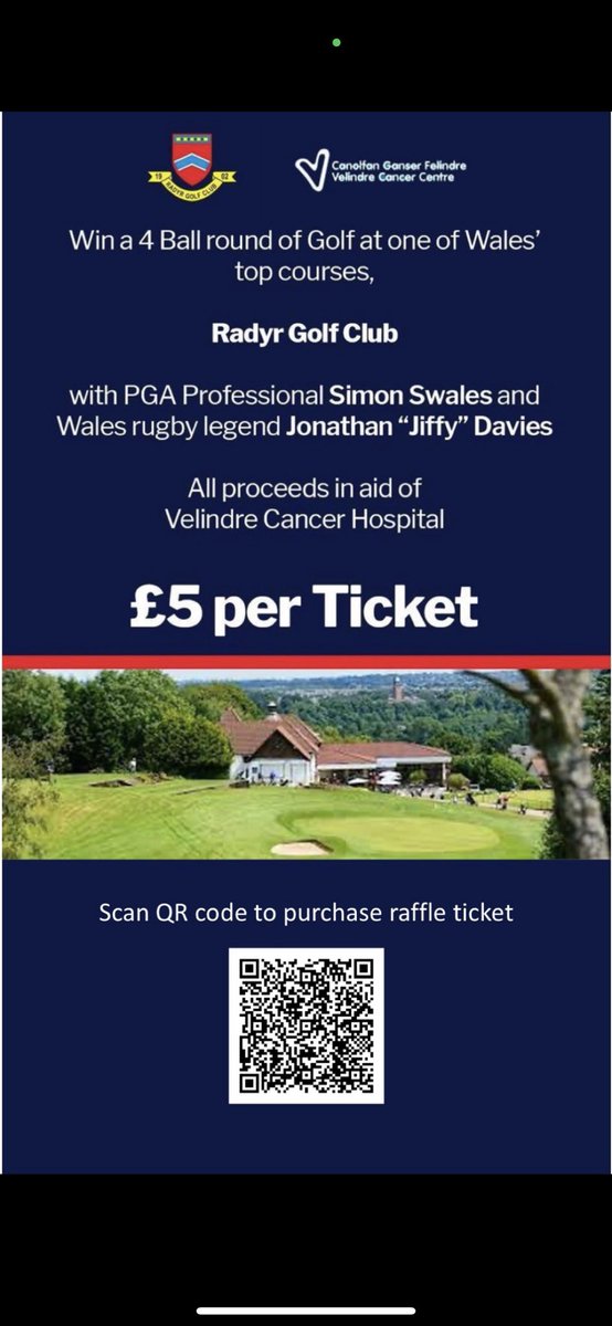 We are raising money for Velindre Cancer Centre and have a great opportunity to win a 4-ball round of golf - scan QR code for further details on how to enter!! Or following link lnkd.in/eixFSwXA 💚💚 multiple entries allowed - Good Luck! <a href="/Velindre/">Velindre Cancer Centre Fundraising</a> <a href="/JiffyRugby/">Jonathan Davies CBE</a> <a href="/radyrgolf/">Radyr Golf Club</a>