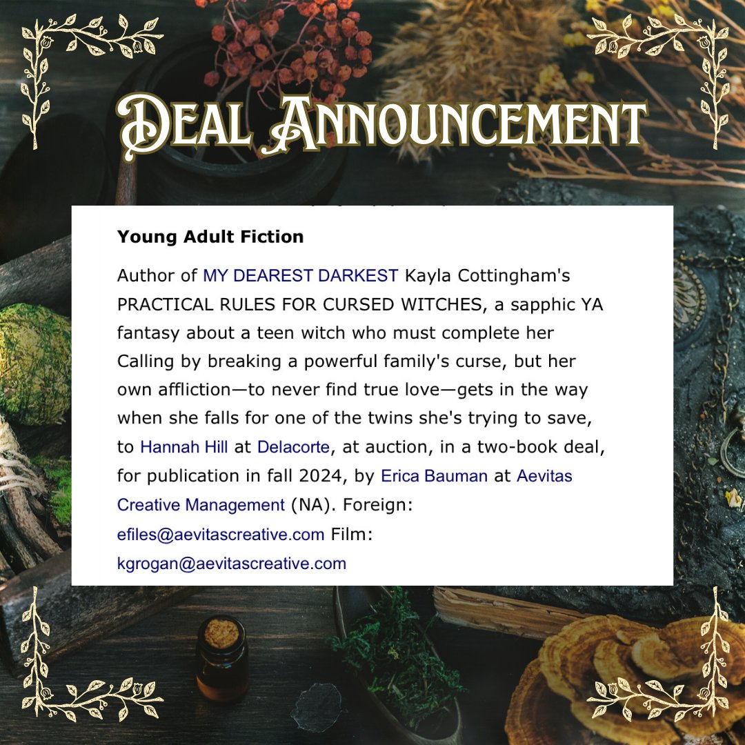 peculiaritea's tweet photo. Introducing Book 3, aka: PRACTICAL RULES FOR CURSED WITCHES!

It's a sapphic romantasy in the vein of Stardust and Howl's Moving Castle with:

🥀family curses
✨art-based magic
📚a curse library
🗡️hating to dating
🏳️‍🌈found family
👁an LI with a monstrous secret 

Coming Fall 2024! https://t.co/klAdUbBWt6
