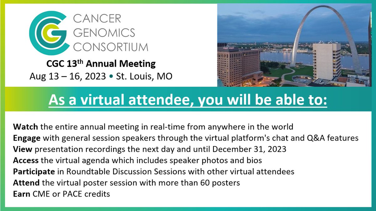 Are you unable to attend #CGCAnnual2023 in-person? Register as a Virtual Attendee! The CGC Program Committee has made every effort to ensure that the meeting experience is inclusive and engaging for both our in-person and virtual attendees. cancergenomics.org/meetings/regis…