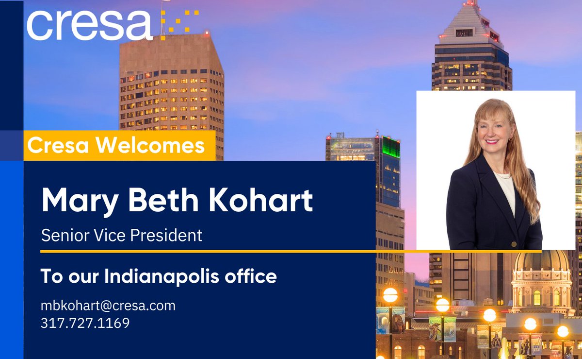 CresaIndy's tweet image. We are thrilled to announce the addition of Mary Beth to Cresa Indianapolis! She comes to us with an impressive background in #cre, and we couldn't be more excited to have her on our team. #cresa #dotherightthing #teamworkmakesthedreamwork #tenantrep