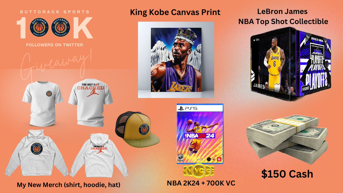 Buttcrack Sports (@buttcracksports) on Twitter photo 🚨~$500 | 100K GIVEAWAY🚨
Winner gets:
- $150
- My New Merch (shirt, hoodie, hat)
- Kobe Canvas Print
- NBA 2K24 + 300K VC
- LeBron Top Shot Collectible
To enter:
🔁 RT & 🧡 Like
✅ Follow: <a href="/ButtCrackSports/">Buttcrack Sports</a> + @LyonGives + <a href="/GamerSaloon/">GamerSaloon - Play Games. Win Cash.</a> + <a href="/Maha_Sattva/">Maha Sattva</a> + <a href="/jeazous/">Derick Angelo</a> + @6LaneCreations 🚨~$500 | 100K GIVEAWAY🚨
Winner gets:
- $150
- My New Merch (shirt, hoodie, hat)
- Kobe Canvas Print
- NBA 2K24 + 300K VC
- LeBron Top Shot Collectible
To enter:
🔁 RT & 🧡 Like
✅ Follow: <a href="/ButtCrackSports/">Buttcrack Sports</a> + @LyonGives + <a href="/GamerSaloon/">GamerSaloon - Play Games. Win Cash.</a> + <a href="/Maha_Sattva/">Maha Sattva</a> + <a href="/jeazous/">Derick Angelo</a> + @6LaneCreations