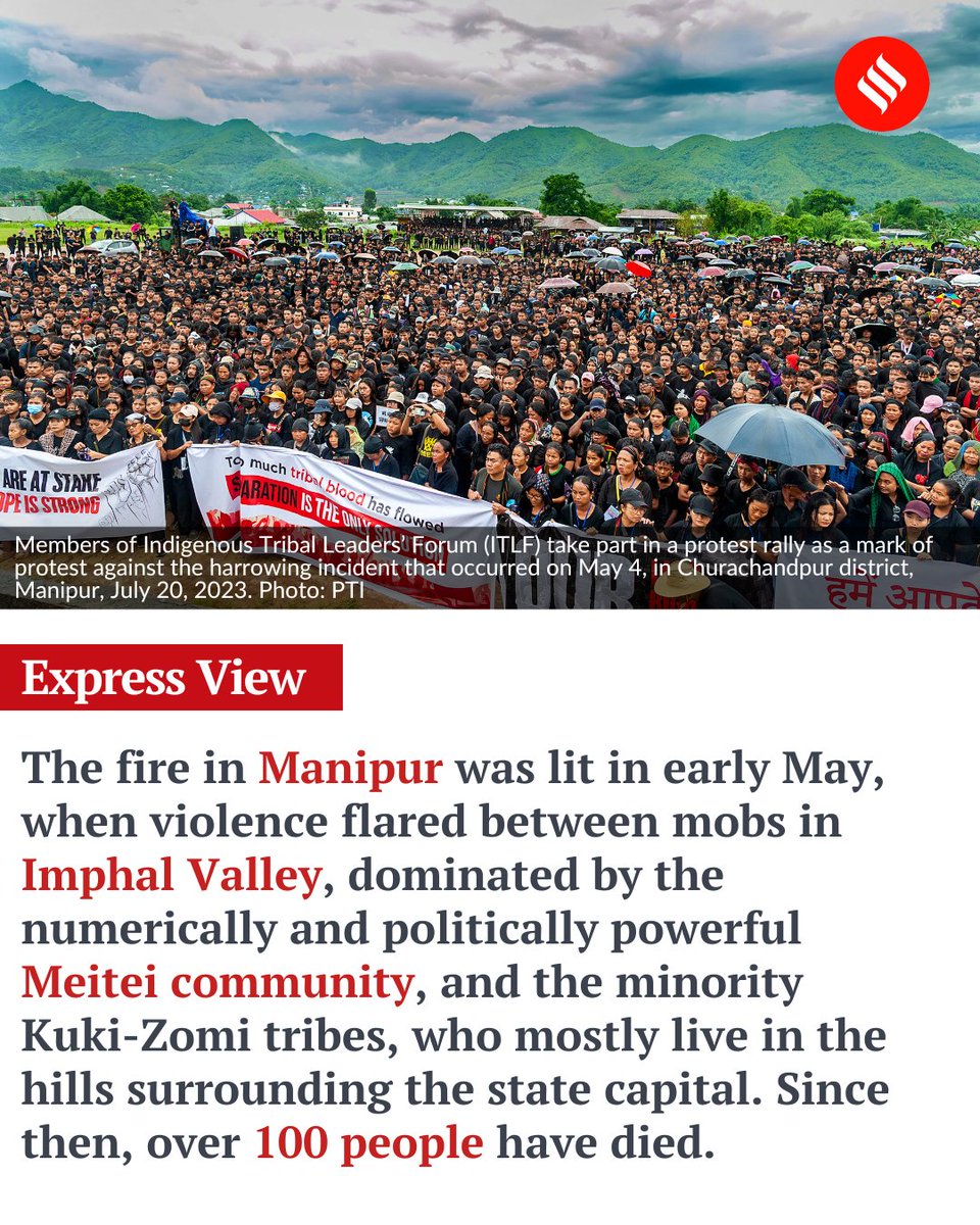 IndianExpress's tweet photo. #ExpressEditorial | Since the #violence began in #Manipur, over a 100 people have died and property, including a large number of churches, destroyed.
Thousands have had to flee their homes and many continue to live in relief camps in Manipur and neighbouring #Mizoram.
https://t.co/OmG6ruTuMl
