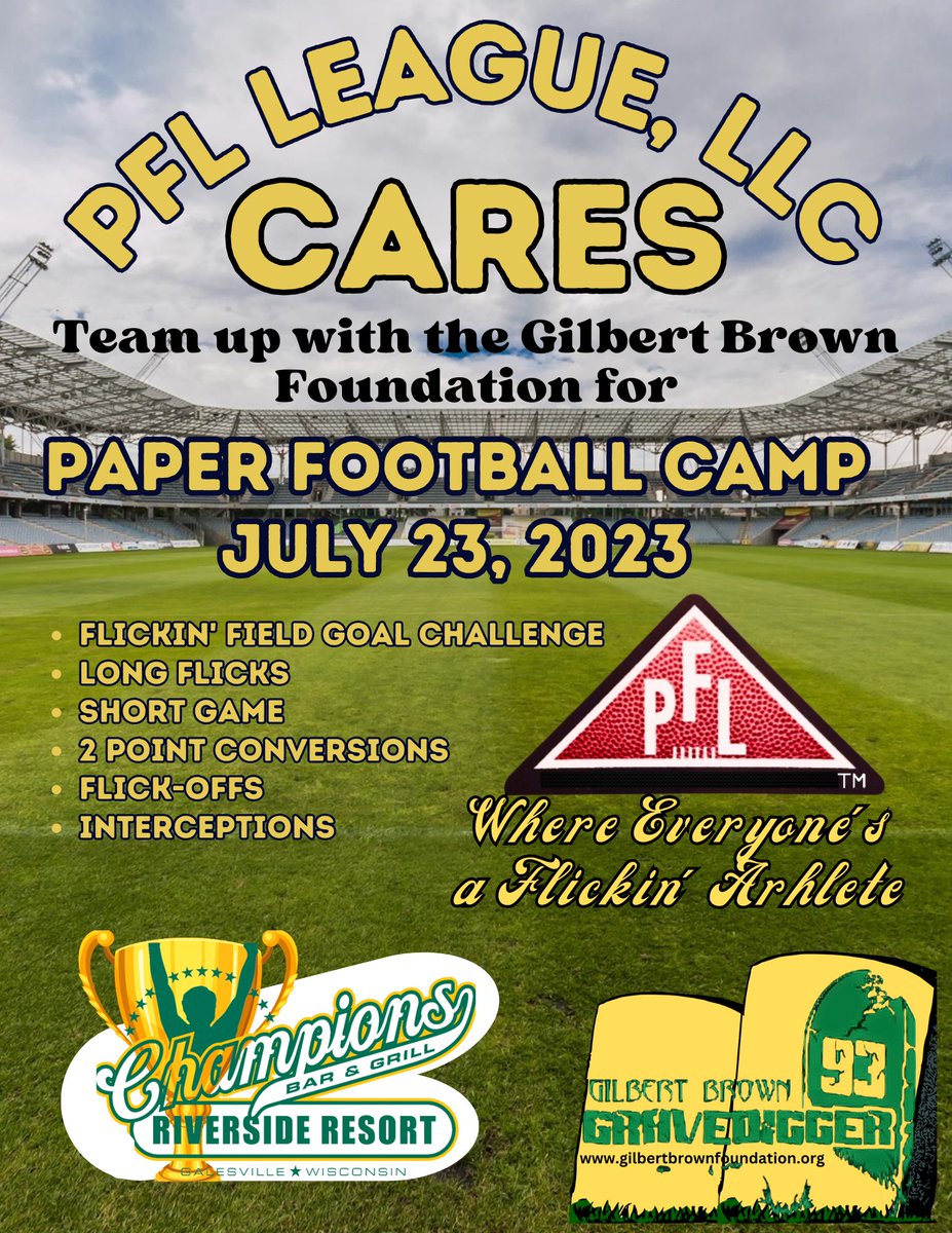 PFL League, LLC is honored to collaborate with Gilbert Brown Foundation Youth Football Camp and Champion Riverside Resort by offering an alternative opportunity to participate in football! #GBF  #youthdevelopment #greenbaypackersnation #Wisconsin https://t.co/Mmkq3iiytX