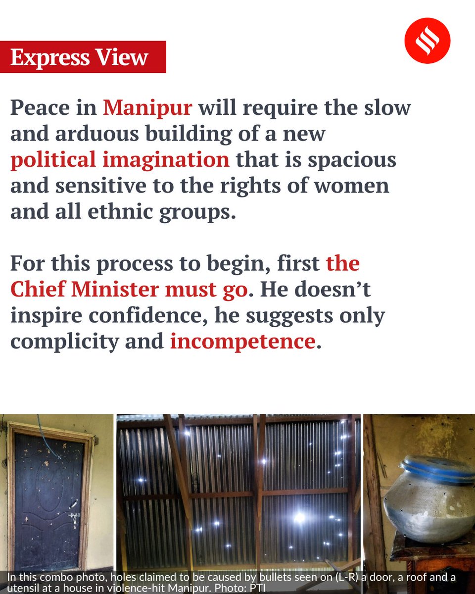 IndianExpress's tweet photo. #ExpressEditorial | ... the #ChiefMinister must go. He doesn’t inspire confidence, he suggests only complicity and incompetence.
https://t.co/w5QbknN1UZ
#Manipur_Violence #Manipur #ManipurCrisis https://t.co/Kn5o8IAAhb