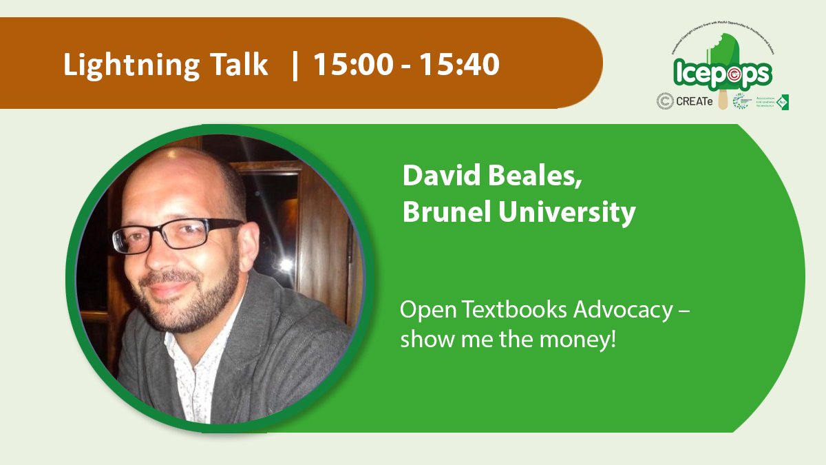 ALTCoOLSIG's tweet photo. Our final lightning text speaker  David Beales examines Open Textbooks Advocacy #icepops23 https://t.co/892jtvTbhs