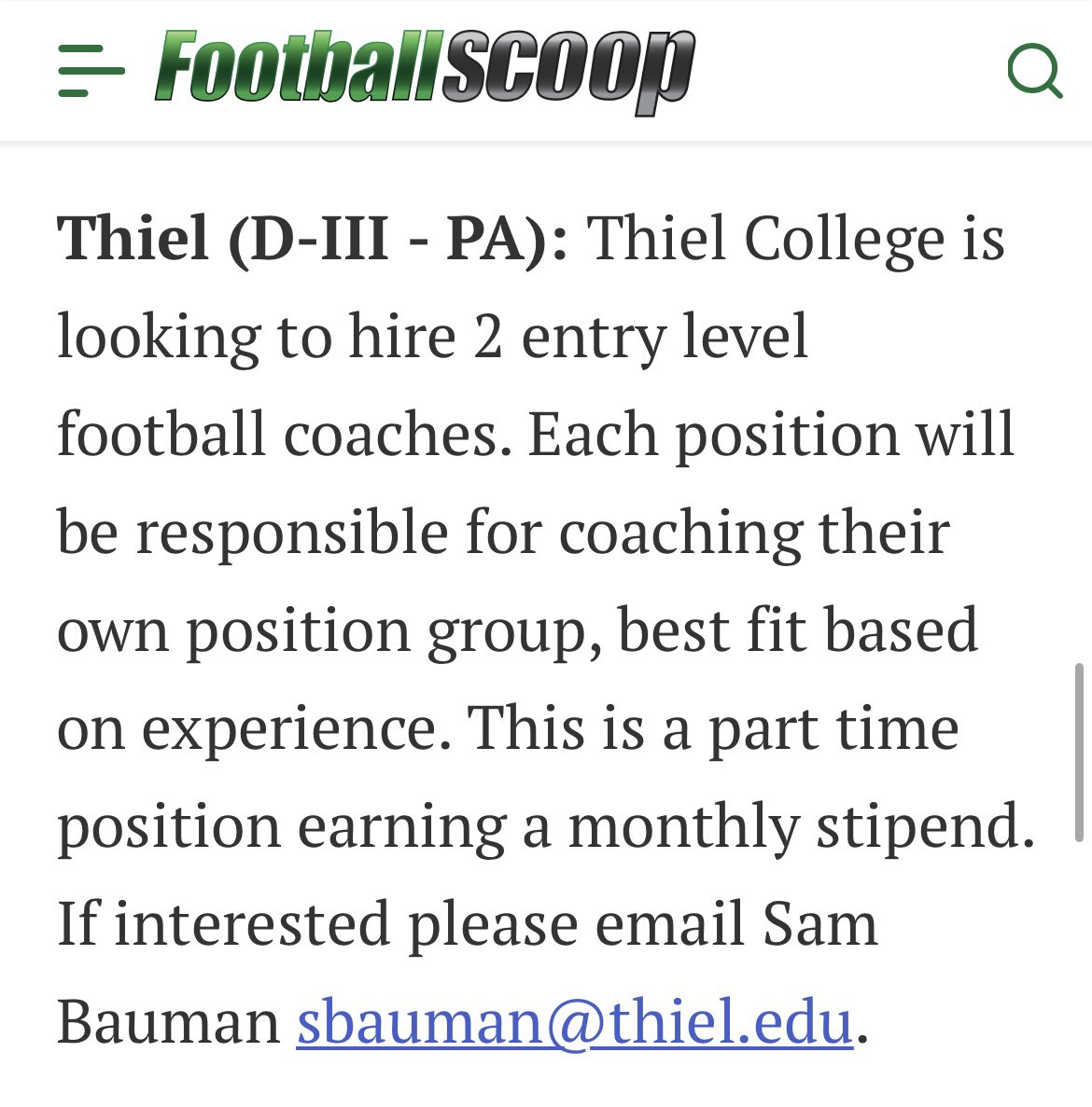 Thiel_FB's tweet image. Great spot to get into college coaching! If you’re interested please send us an email!