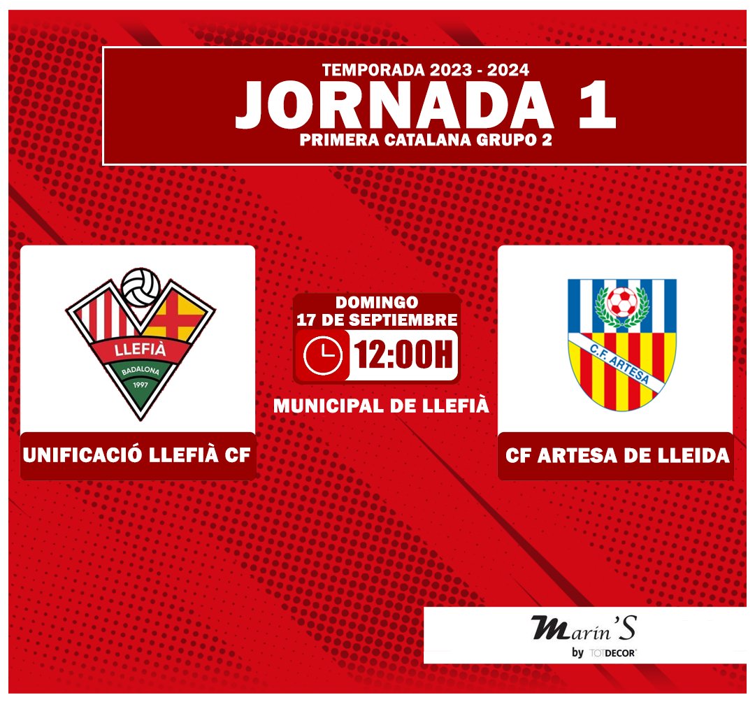 ¡𝙀𝙈𝙋𝙄𝙀𝙕𝘼 𝙇𝘼 𝙇𝙄𝙂𝘼❗

𝗝𝗢𝗥𝗡𝗔𝗗𝗔 1⃣

🆚 <a href="/cfartesalleida/">C.F. Artesa de Lleida</a>
📆 Domingo 17 de septiembre
⏰ 12h
🏟️ Municipal de Llefià

¡Vamos, Llefi! 💪🏻

#SienteLaLlefi 🔴⚪️ #1cat2 #Llefia #Badalona