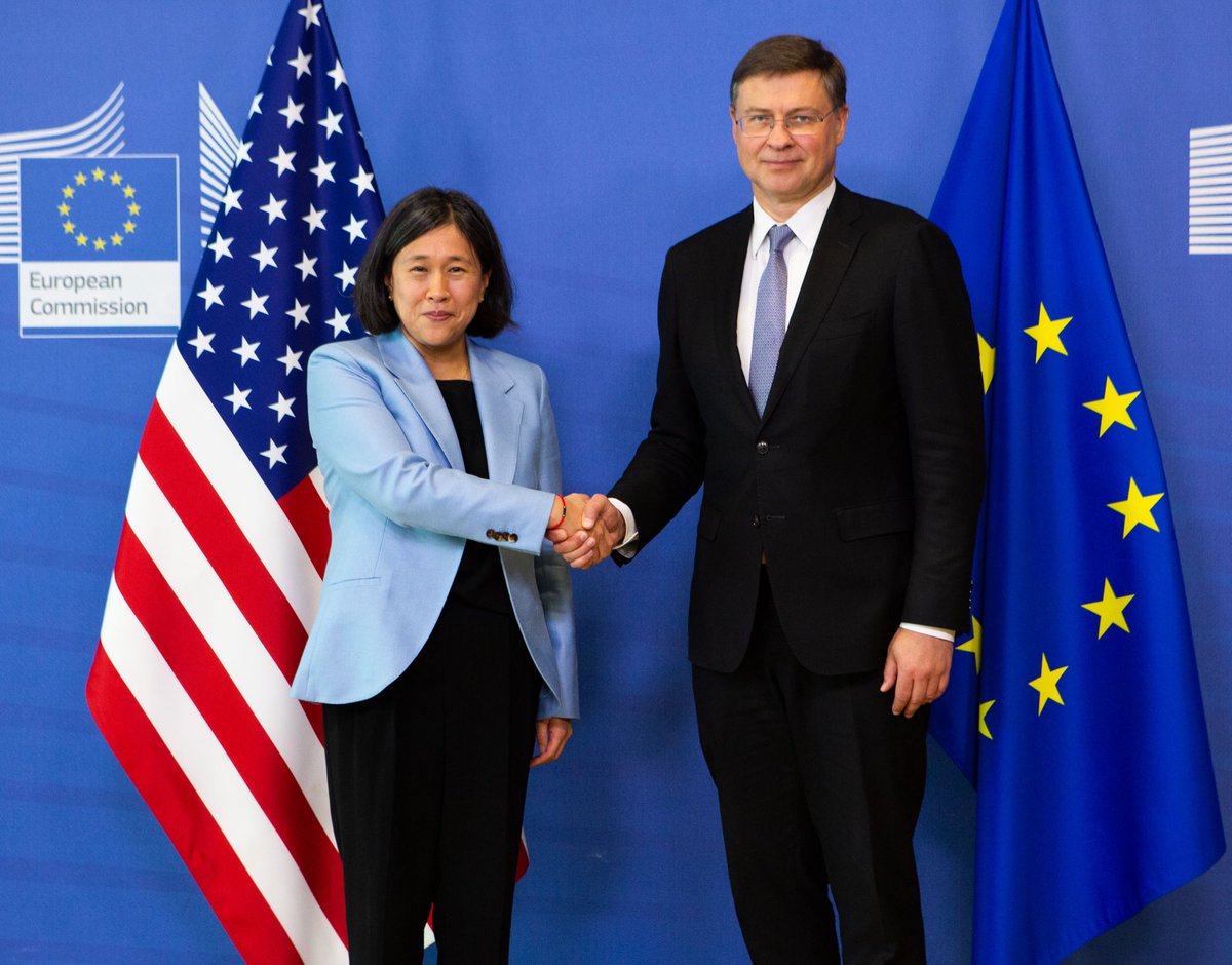 VDombrovskis's tweet photo. 🇺🇸-🇪🇺Useful discussions with USTR @AmbassadorTai in Brussels to move forward negotiations on our Global Sustainable Arrangement on steel &amp; aluminium. We’re committed to reaching a deal by this autumn. 
 
We also hope to see quick progress in our Critical Minerals Agreement. https://t.co/fPbdId5T68