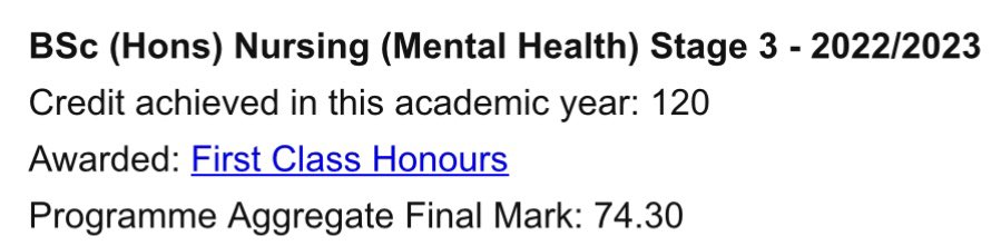 Absolutely overwhelmed - I have a First Class Honours Degree! This is justice for the girl I was and what I went through 5 years ago. Things do get better. #punc20