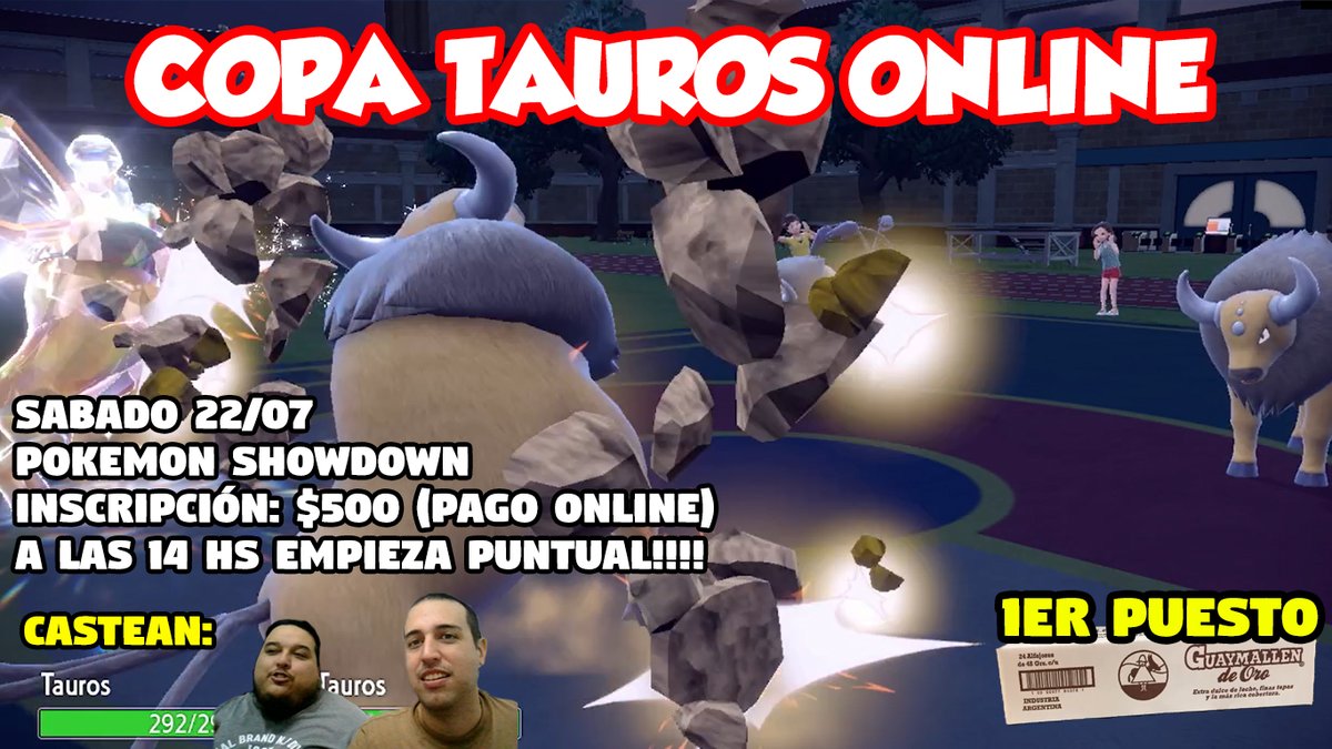 Este Sabado tenemos la copa Tauros Online! No hace falta saber VGC, no hace falta tener switch solo tener ganas de divertirte tirando Rock Slide y llevarte una caja de Guaymallen ORO!!

Solo quedan 14/24 Lugares!