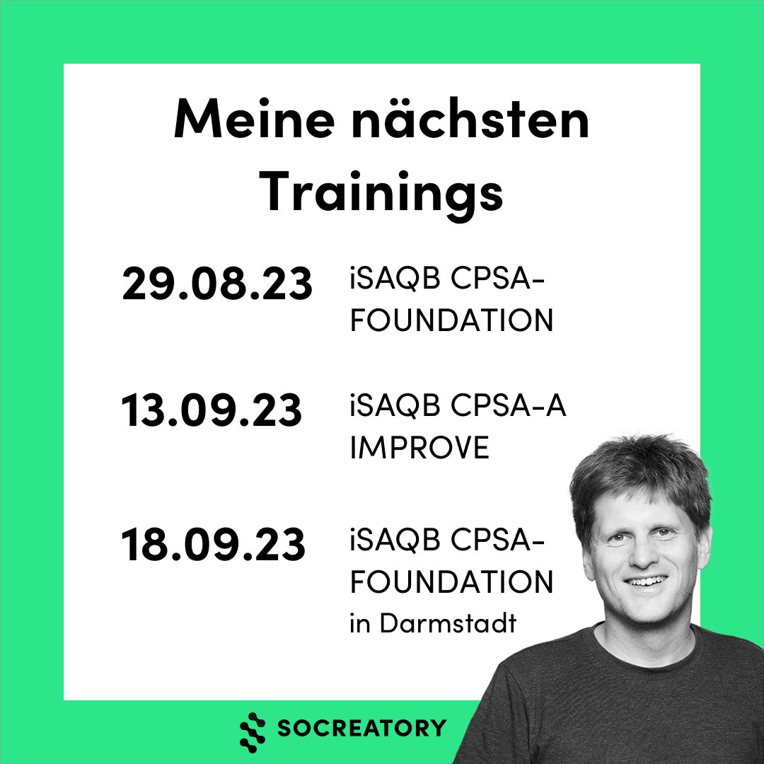 Nach den Sommerferien gebe ich wieder einige Seminare für die @socreatory, z. B. ein @isaqb Foundation Training Online, ein Advanced Seminar zu Evolution und Verbesserung von Softwarearchitekturen und noch ein Foundation im Rhein-Main-Gebiet in Darmstadt vor Ort. Sehen wir uns?